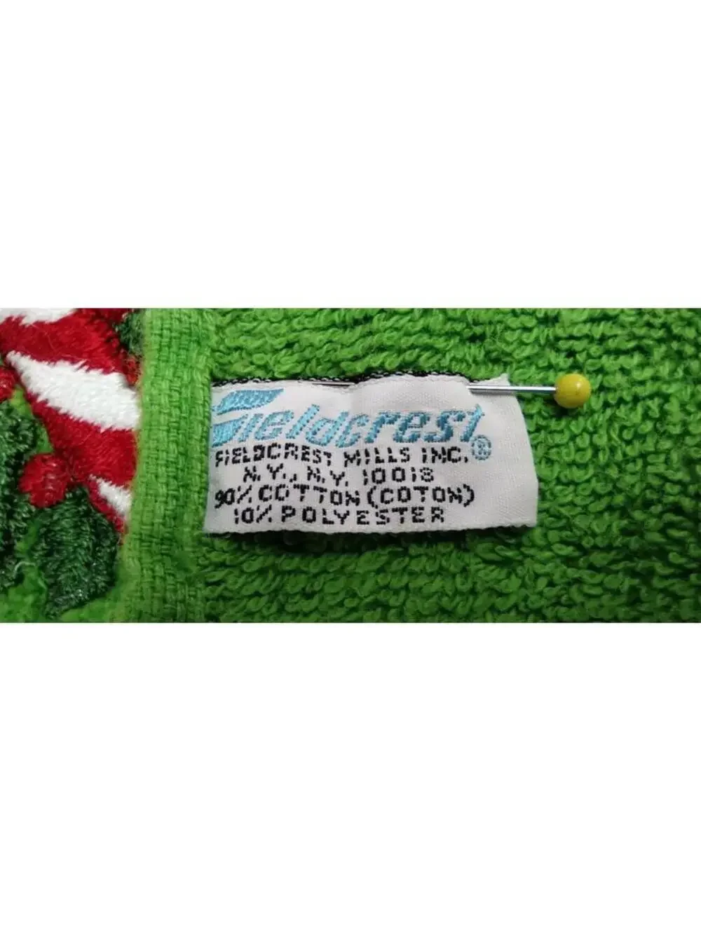 VINTAGE Christmas Towel Fieldcrest CANDY CANE EMBROIDER 1970s Holiday Neon green